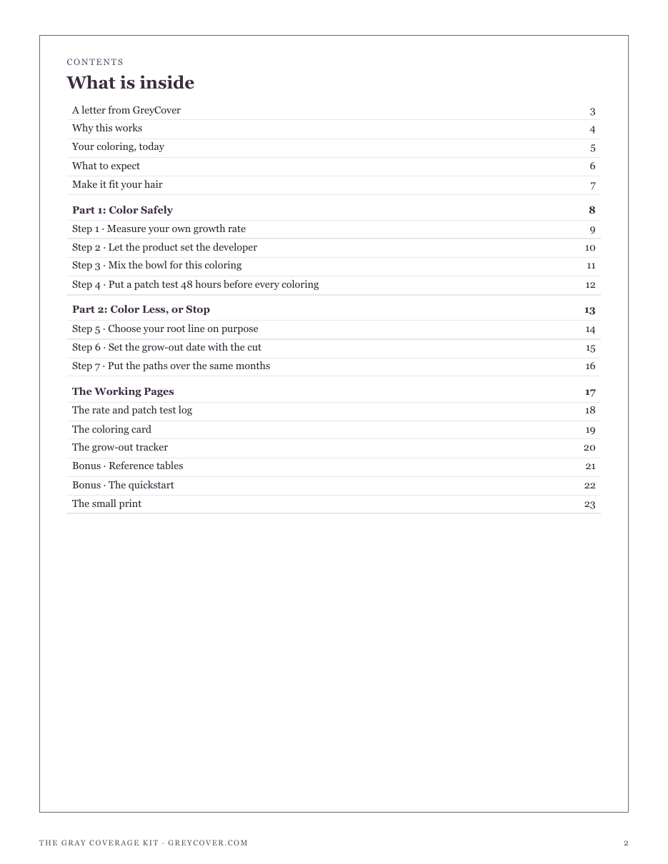 The full contents of The Gray Coverage Kit: color safely, color less or stop, and the working pages