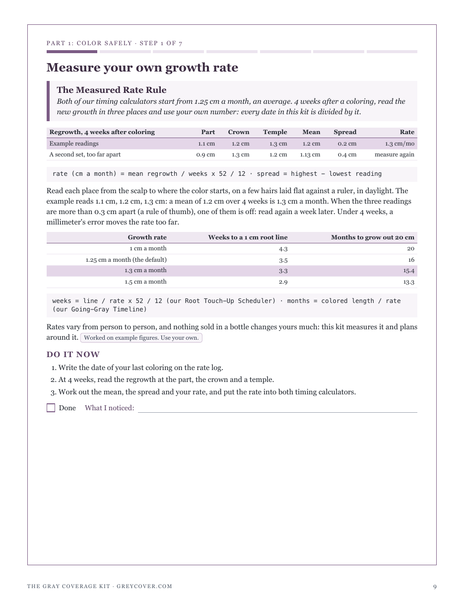 Step 1, The Measured Rate Rule: read your regrowth in three places after four weeks and turn it into your own growth rate in cm a month