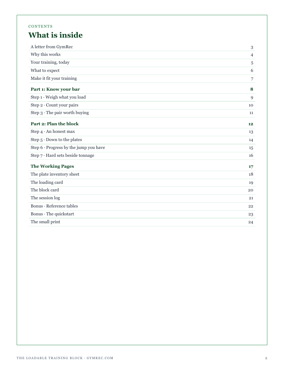 The full contents of The Loadable Training Block: know your bar, plan the block, and the working pages