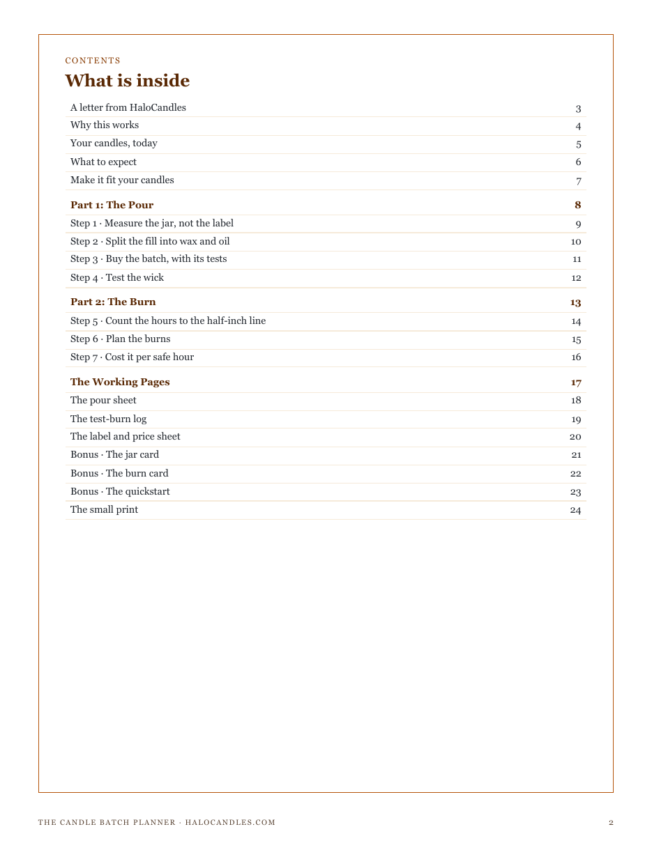 The full contents of The Candle Batch Planner: the pour, the burn, and the working pages