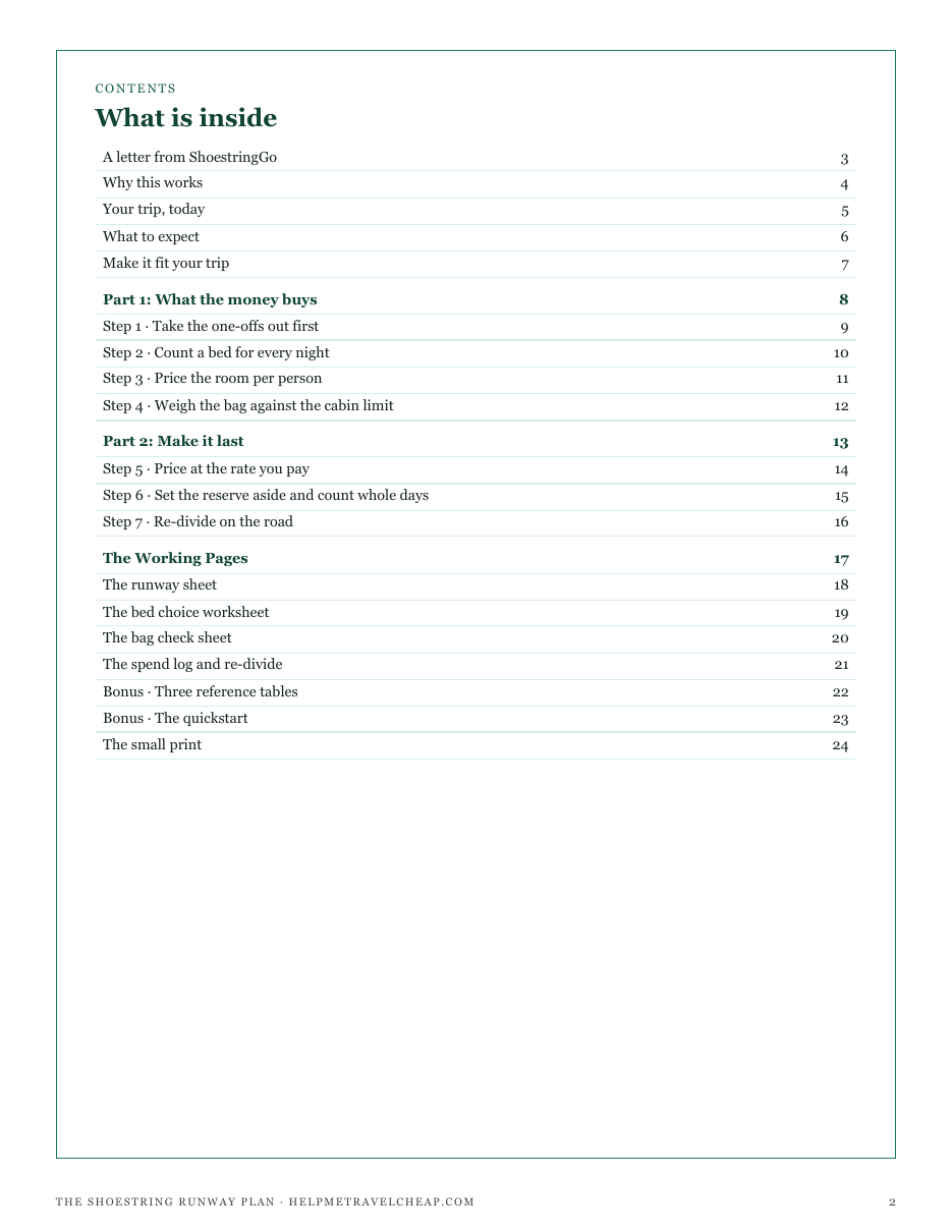 The full contents of The Shoestring Runway Plan: what the money buys, make it last, and the working pages