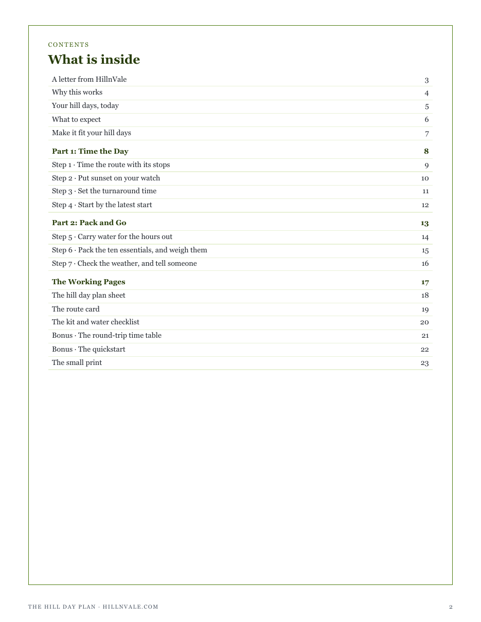 The full contents of The Hill Day Plan: time the day, pack and go, and the working pages