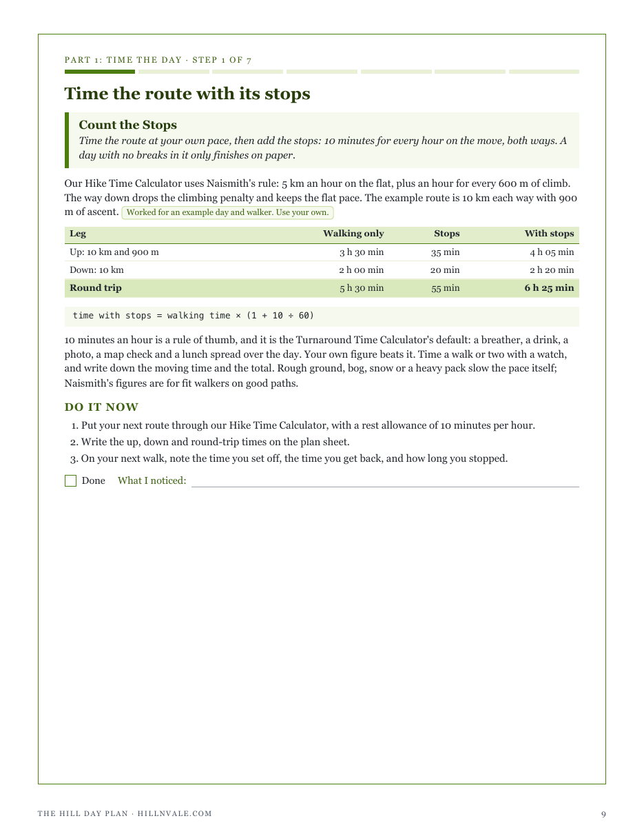 Step 1, Count the Stops: the example route timed walking only and with ten minutes of stops for every hour on the move