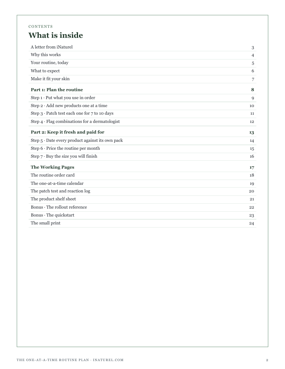The full contents of The One-at-a-Time Routine Plan: plan the routine, keep it fresh and paid for, and the working pages