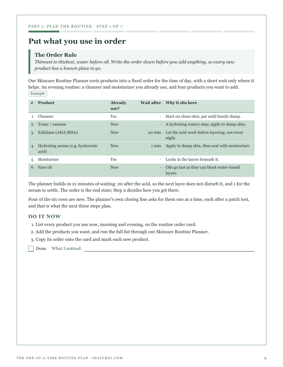 Step 1, The Order Rule: an evening routine put in order by the routine planner, with its waits