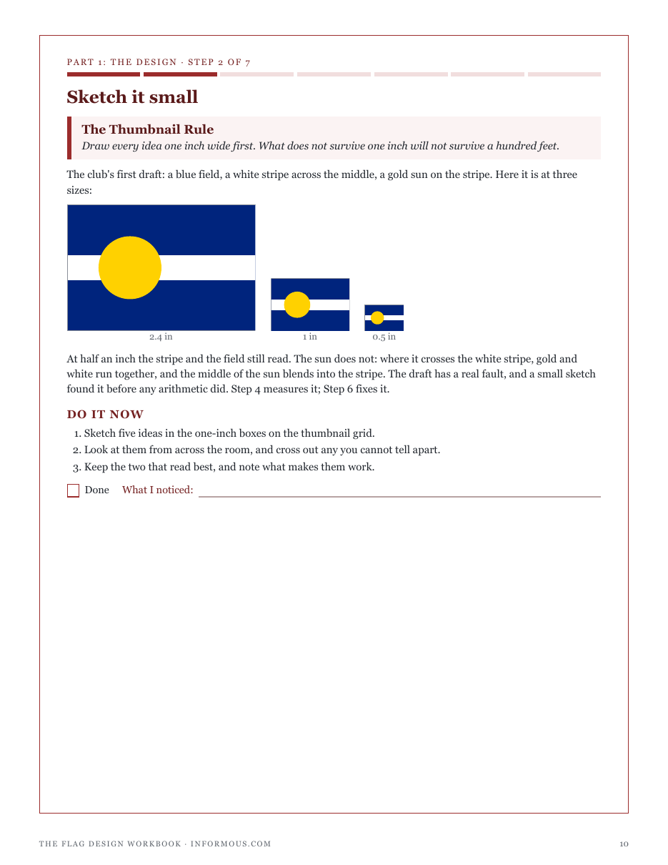 Step 2, The Thumbnail Rule: a club flag's first draft drawn at two and a half inches, one inch and half an inch