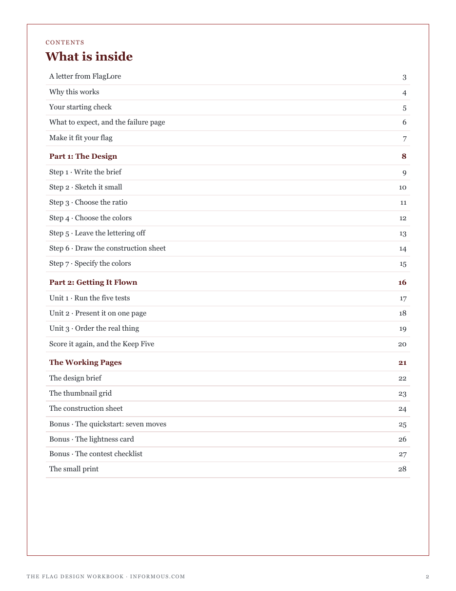 The full contents of The Flag Design Workbook: the design, getting it flown, the working pages and three bonuses