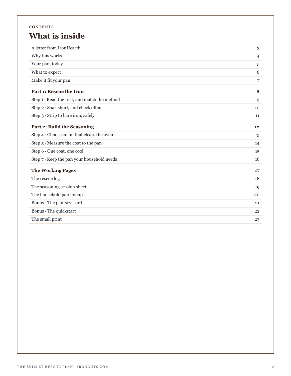 The full contents of The Skillet Rescue Plan: rescue the iron, build the seasoning, and the working pages