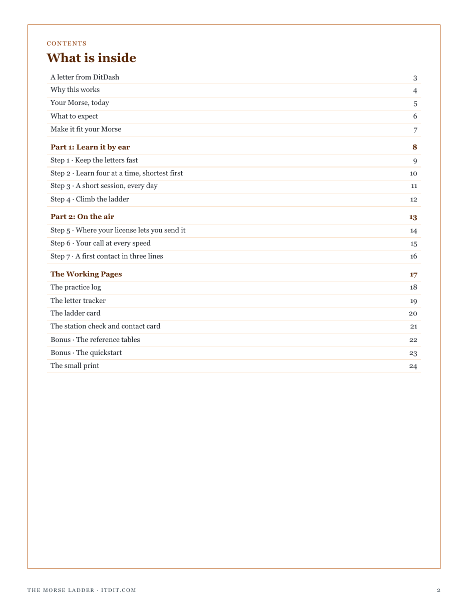The full contents of The Morse Ladder: learn it by ear, on the air, and the working pages