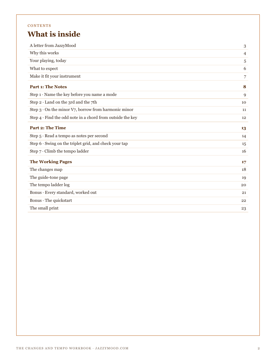 The full contents of The Changes and Tempo Workbook: the notes, the time, and the working pages