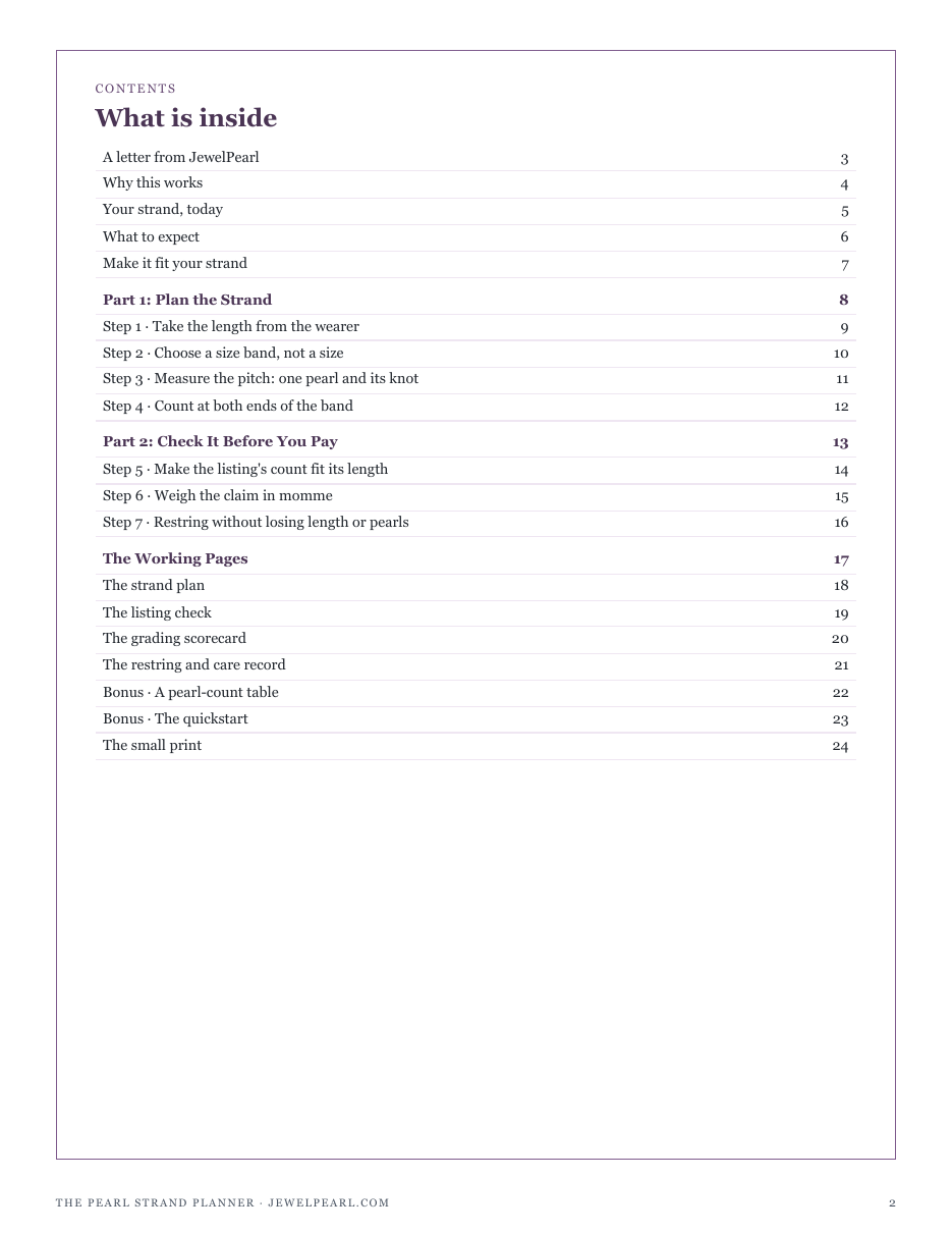 The full contents of The Pearl Strand Planner: plan the strand, check it before you pay, and the working pages