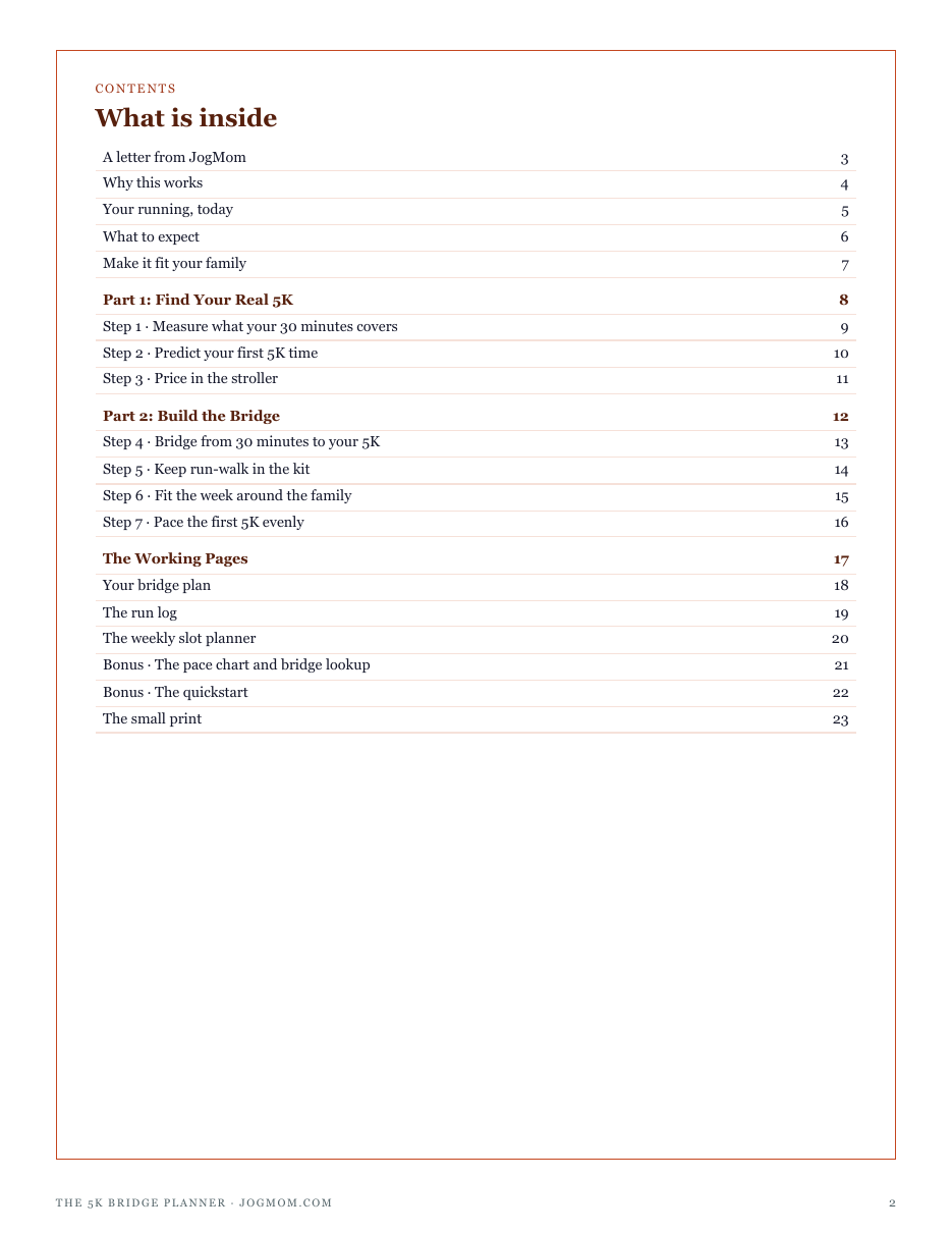 The full contents of The 5K Bridge Planner: find your real 5K, build the bridge, and the working pages