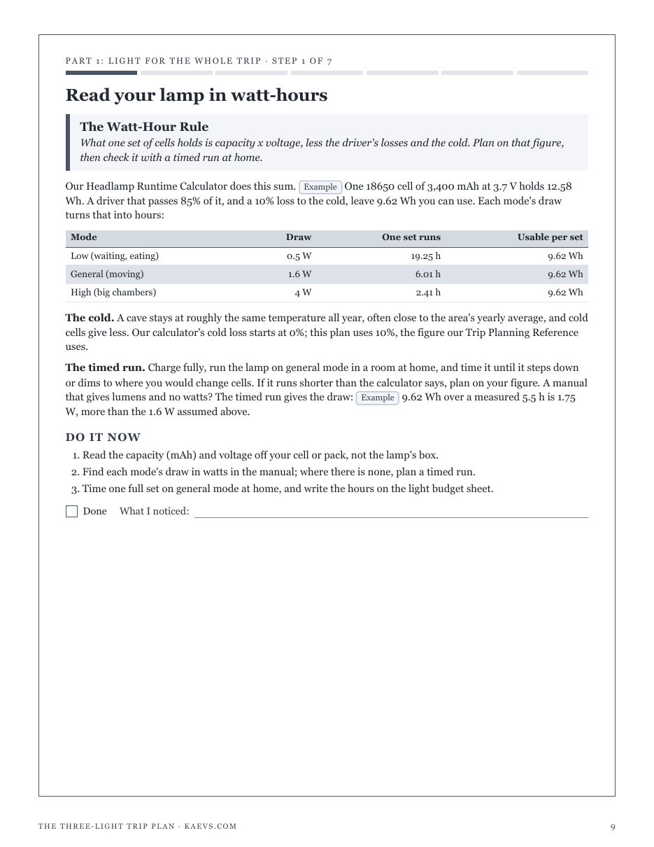 Step 1, The Watt-Hour Rule: a headlamp's cells read in usable watt-hours, and the hours each mode runs on one set