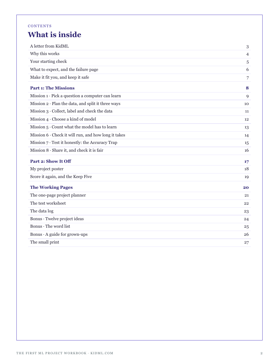 The full contents of The First ML Project Workbook: eight missions, the project poster, the working pages and three bonuses