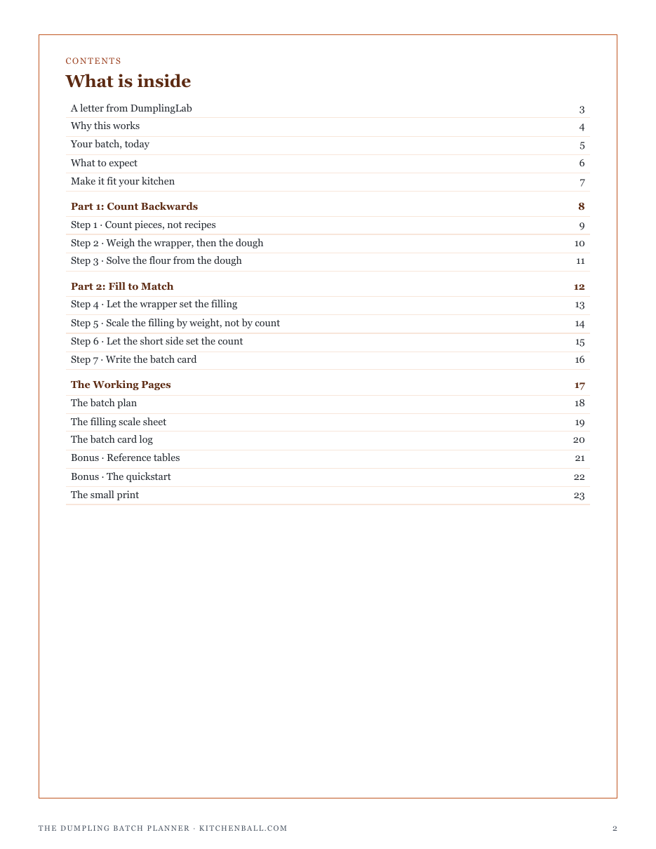 The full contents of The Dumpling Batch Planner: counting backwards, filling to match, and the working pages