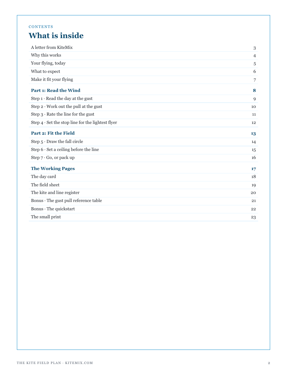 The full contents of The Kite Field Plan: read the wind, fit the field, and the working pages