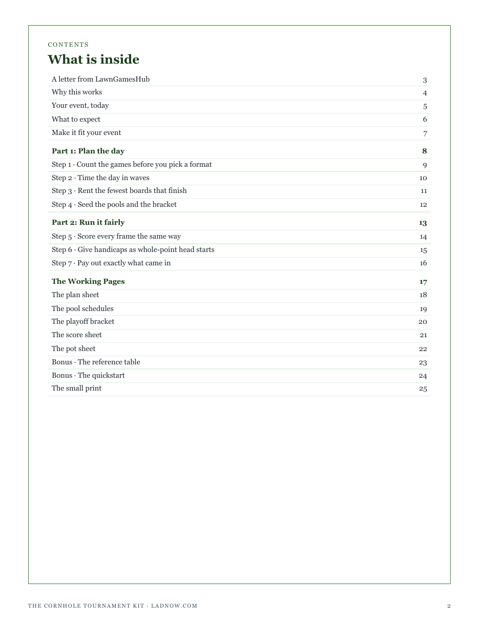 The full contents of The Cornhole Tournament Kit: plan the day, run it fairly, and the working pages