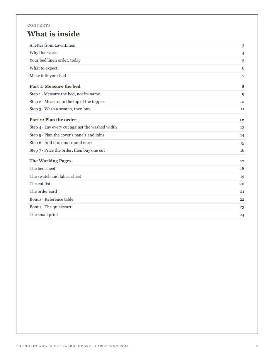 The full contents of The Sheet and Duvet Fabric Order: measure the bed, plan the order, and the working pages