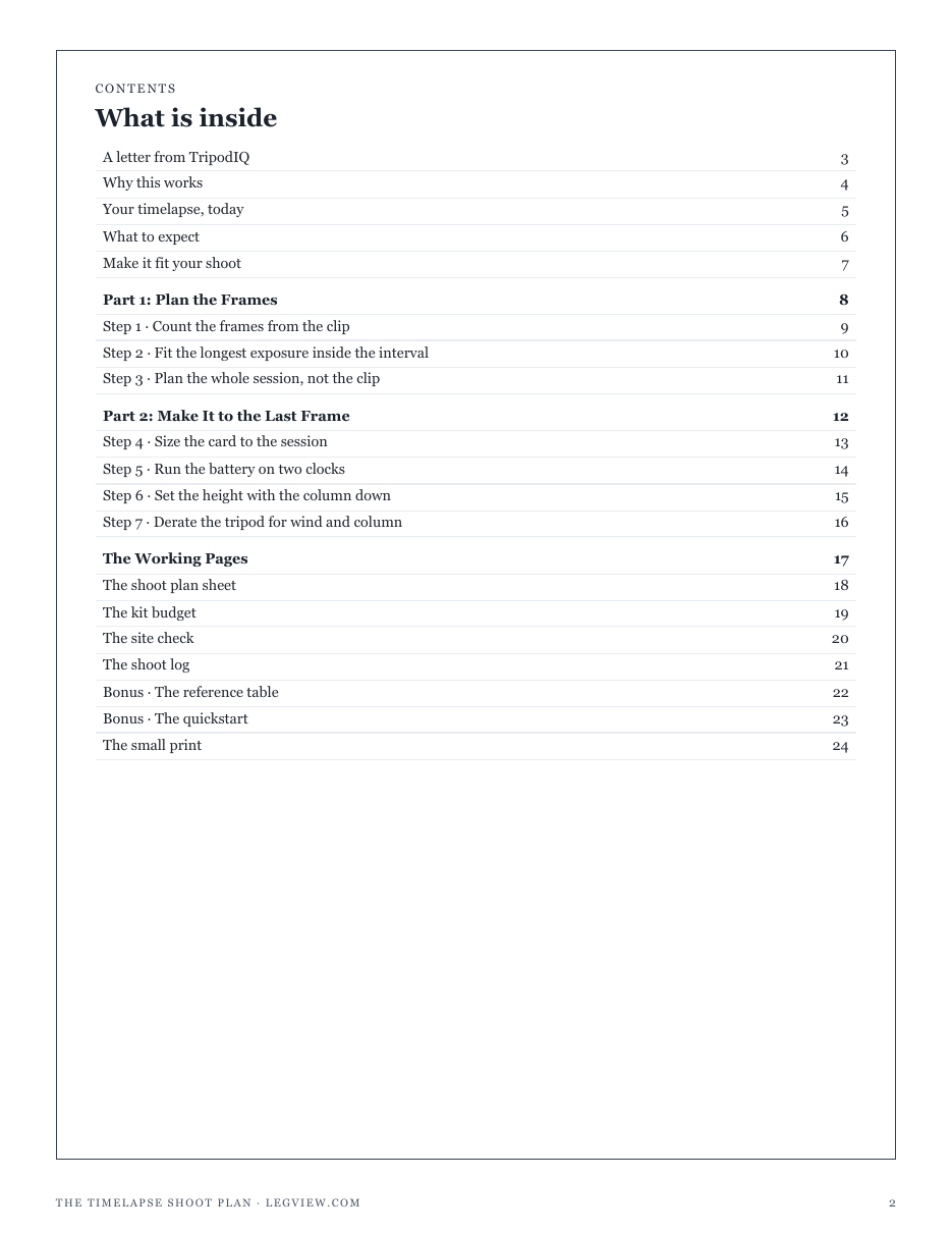 The full contents of The Timelapse Shoot Plan: plan the frames, make it to the last frame, and the working pages