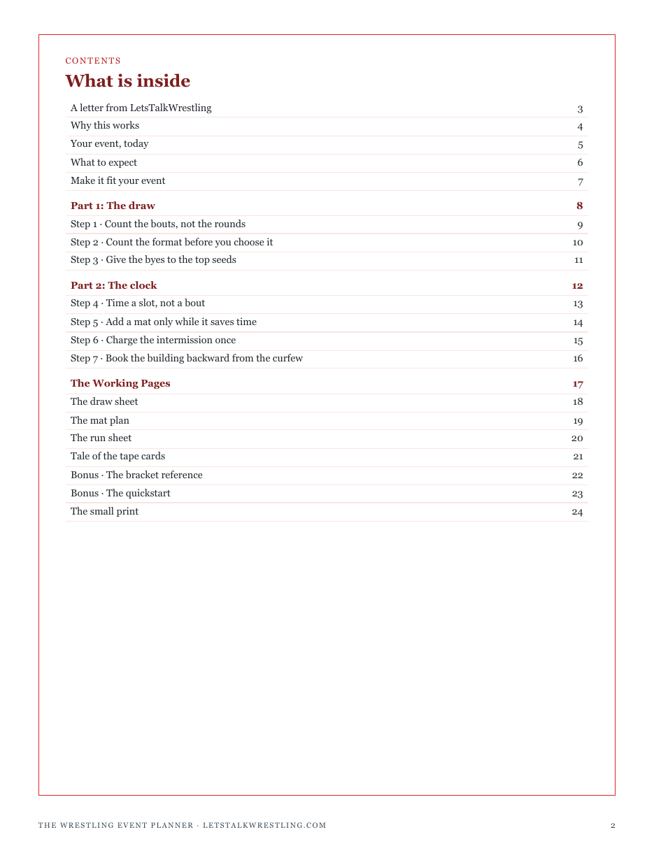 The full contents of The Wrestling Event Planner: the draw, the clock, and the working pages
