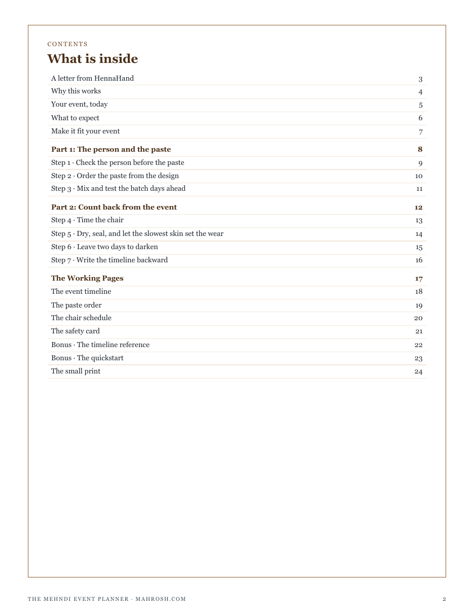 The full contents of The Mehndi Event Planner: the person and the paste, count back from the event, and the working pages