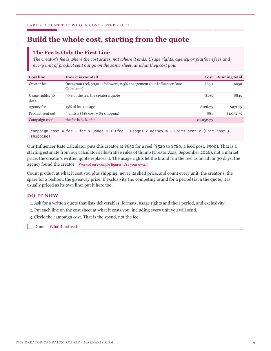 Step 1, The Fee Is Only the First Line: a creator fee from our Influencer Rate Calculator, with usage rights, agency fee and product sent out added to the campaign cost