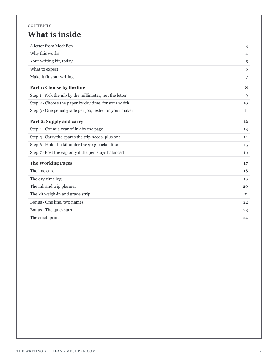 The full contents of The Writing Kit Plan: choose by the line, supply and carry, and the working pages