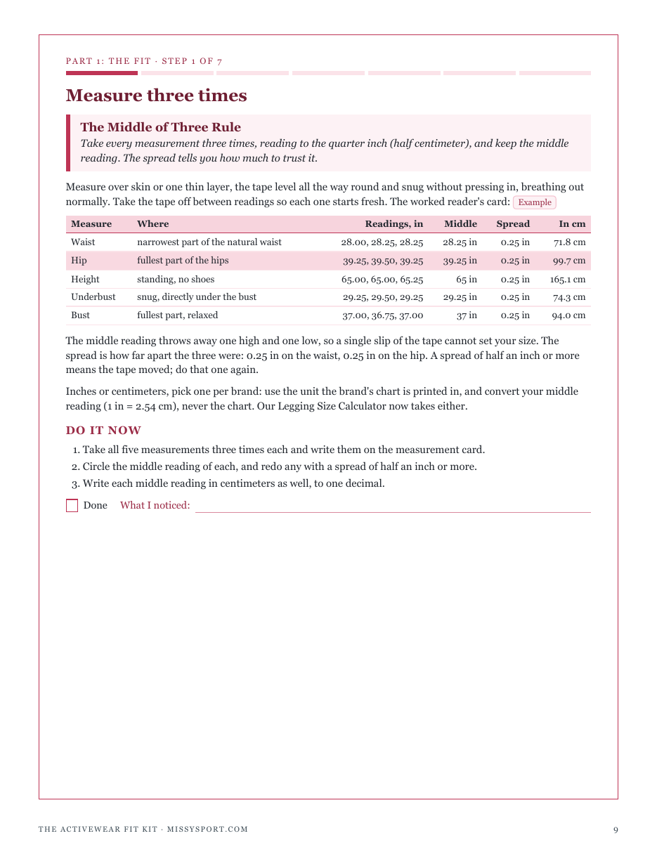 Step 1, The Middle of Three Rule: five measurements taken three times each, the middle reading kept and converted to centimeters