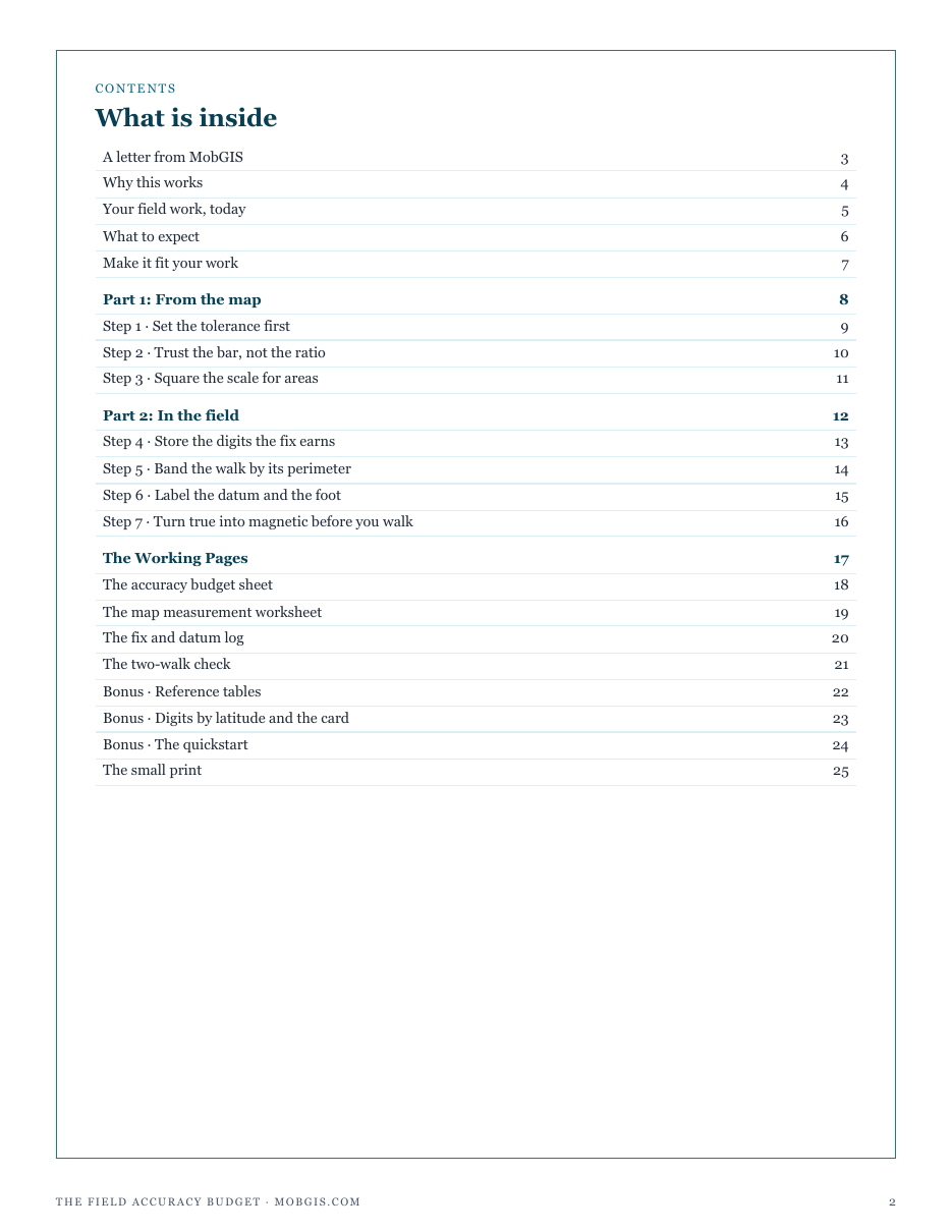 The full contents of The Field Accuracy Budget: from the map, in the field, and the working pages