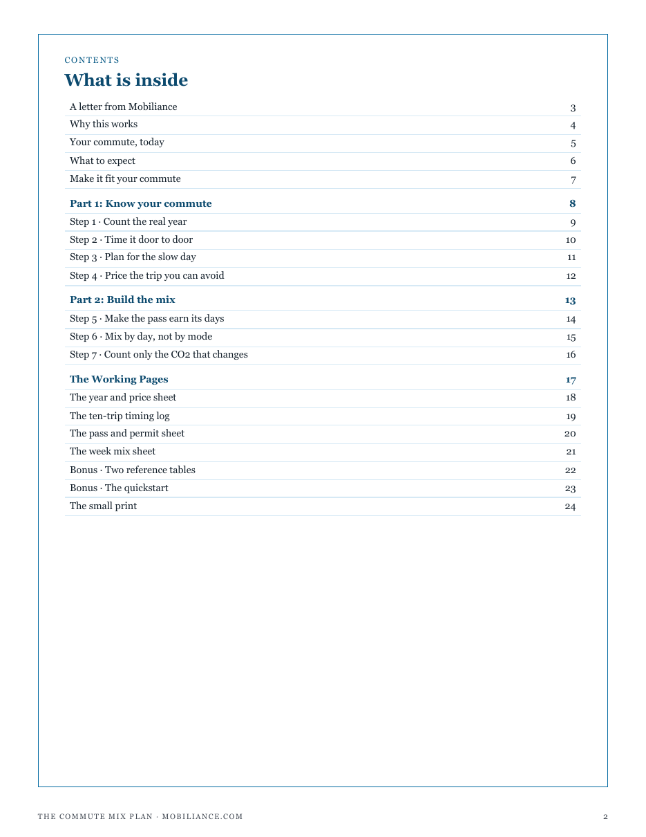 The full contents of The Commute Mix Plan: know your commute, build the mix, and the working pages