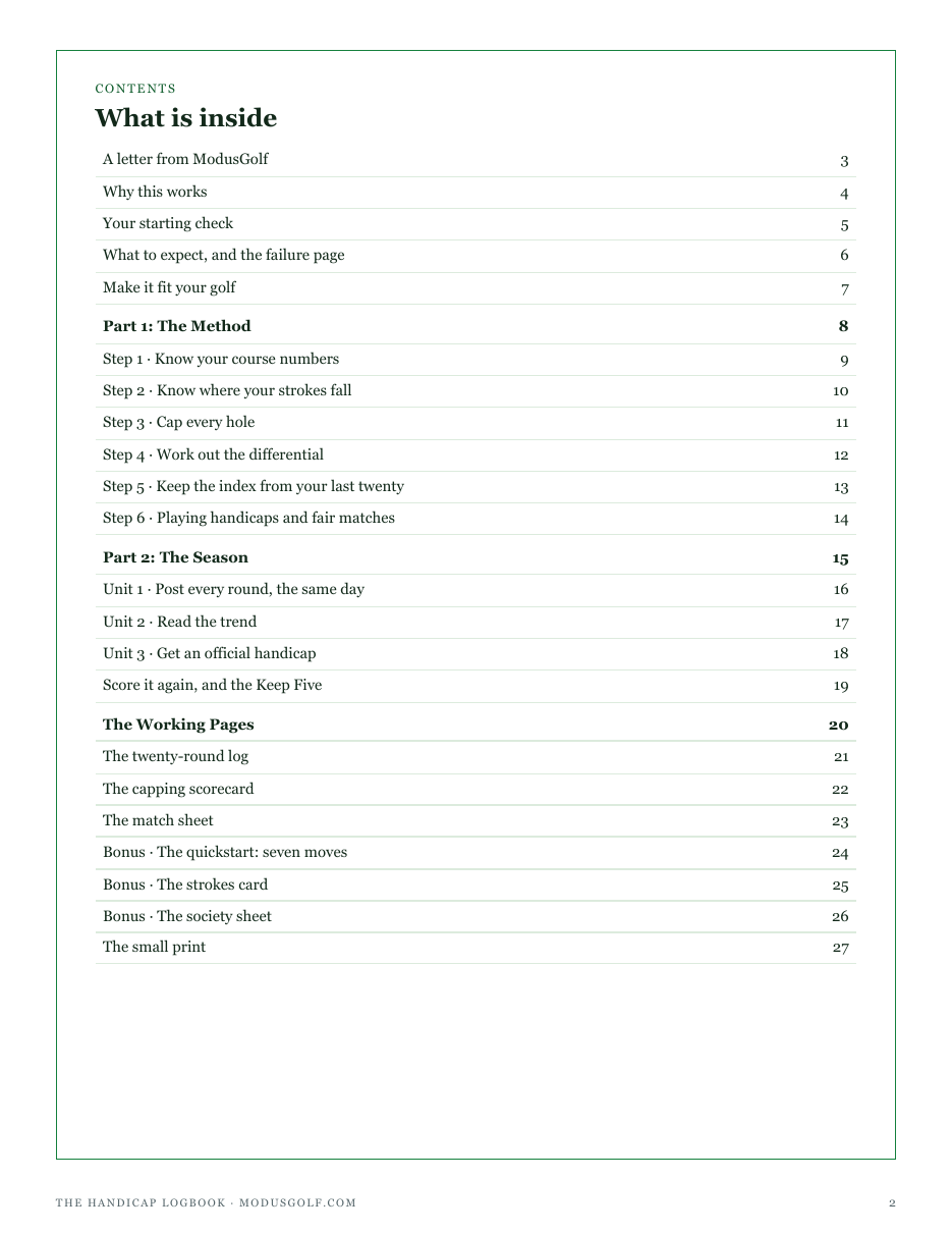 The full contents of The Handicap Logbook: the method, the season, the working pages and three bonuses