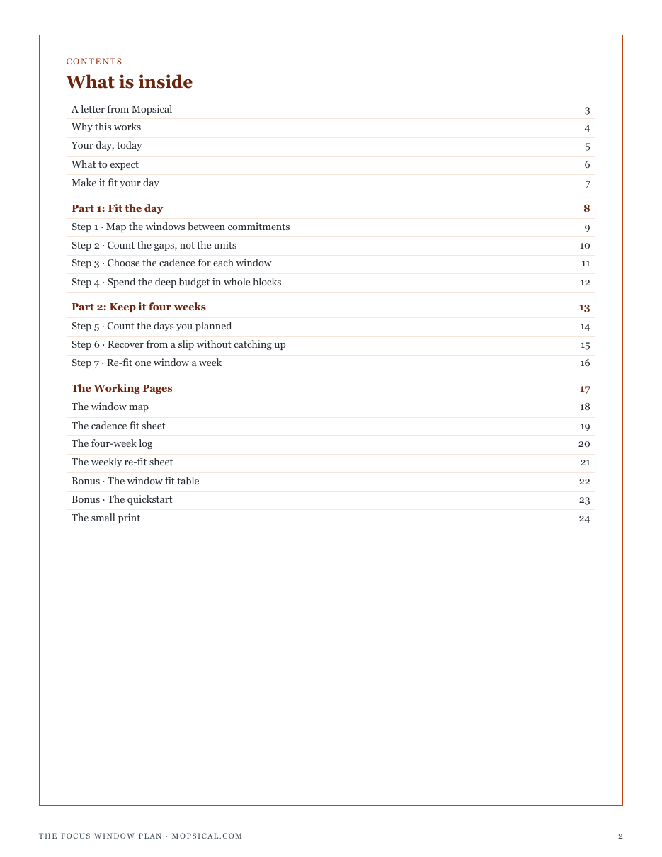 The full contents of The Focus Window Plan: fit the day, keep it four weeks, and the working pages