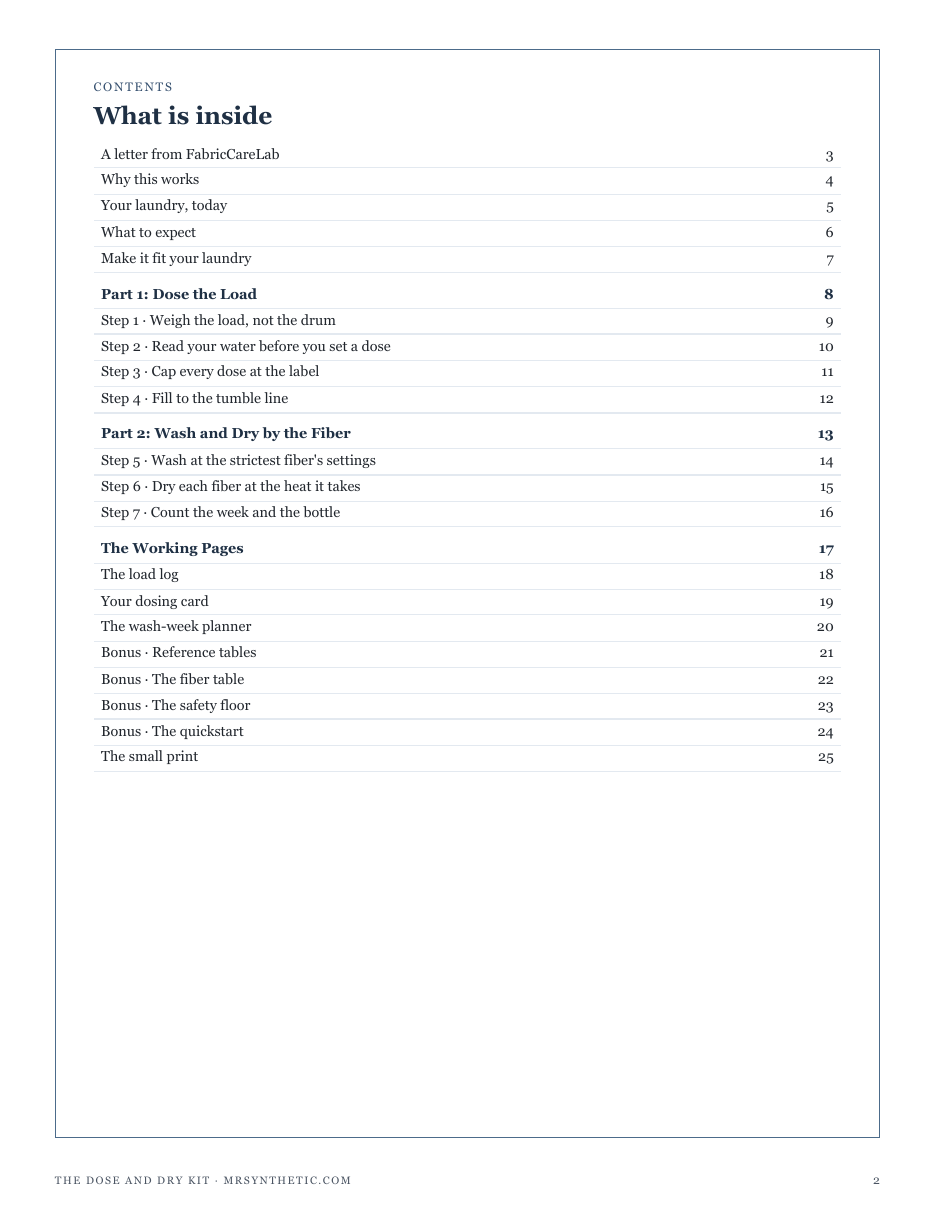 The full contents of The Dose and Dry Kit: dose the load, wash and dry by the fiber, and the working pages