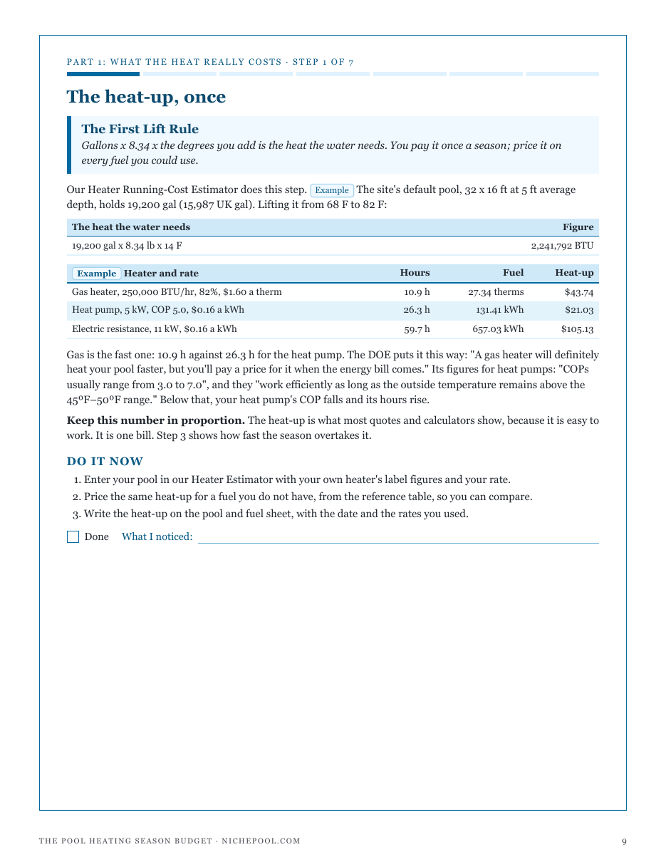 Step 1, The First Lift Rule: an example pool's heat-up from the Heater Running-Cost Estimator, priced on gas, a heat pump and electric resistance