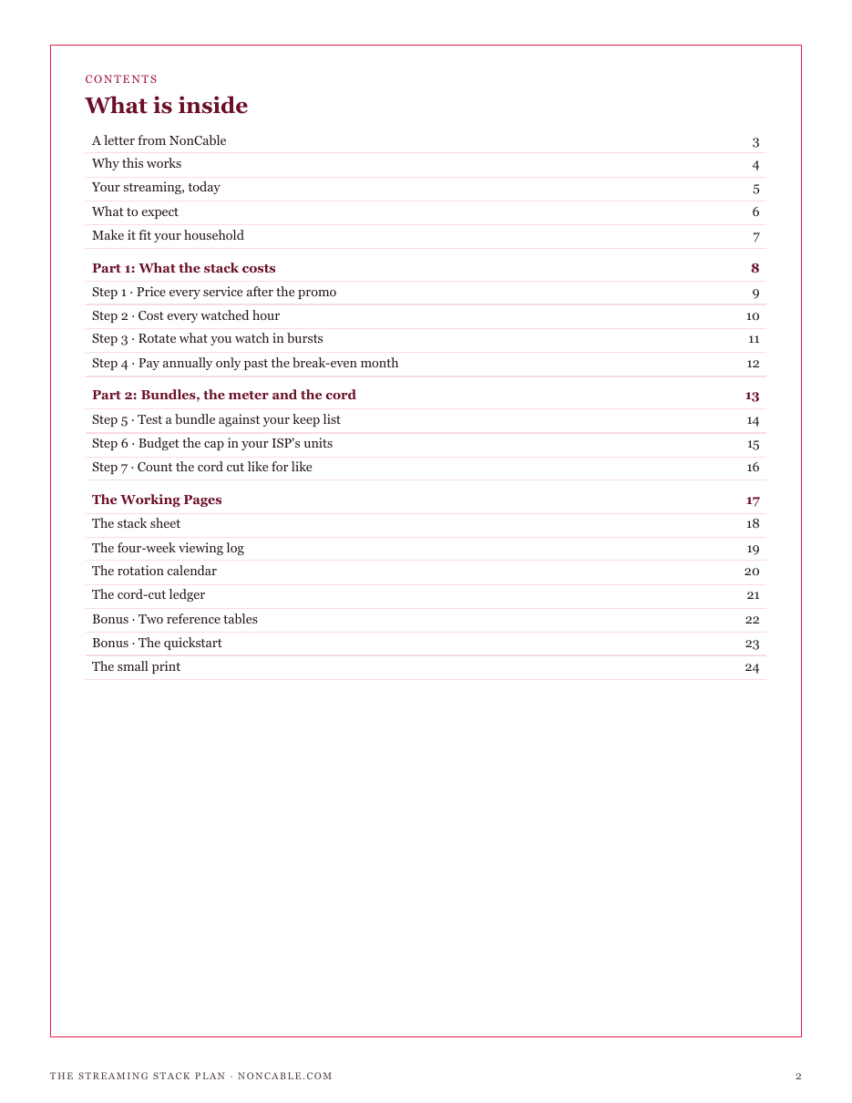 The full contents of The Streaming Stack Plan: what the stack costs, bundles, the meter and the cord, and the working pages