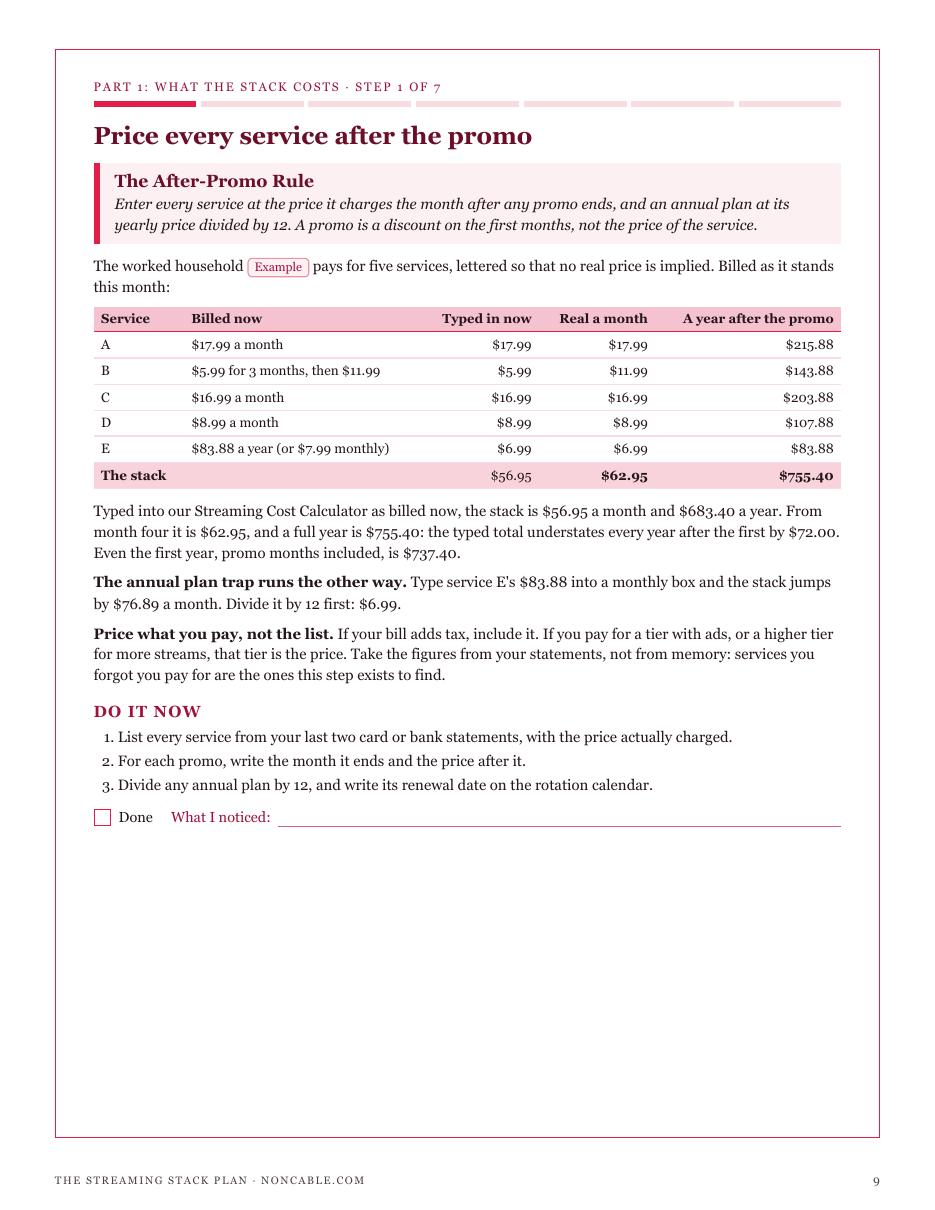 Step 1, The After-Promo Rule: a five-service stack typed in at 56.95 a month that really costs 62.95, and 755.40 a year