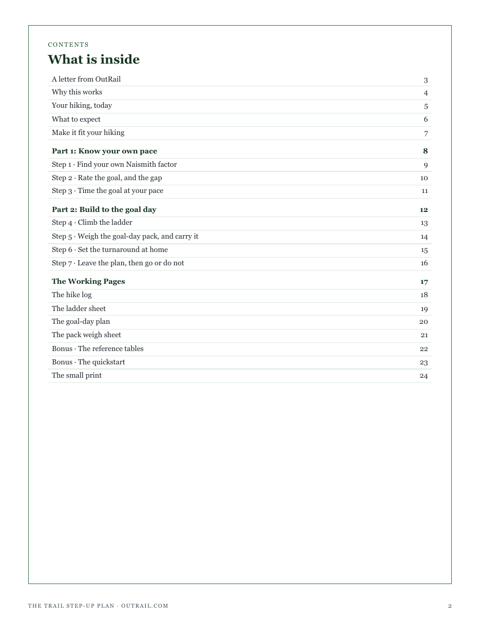 The full contents of The Trail Step-Up Plan: know your own pace, build to the goal day, and the working pages