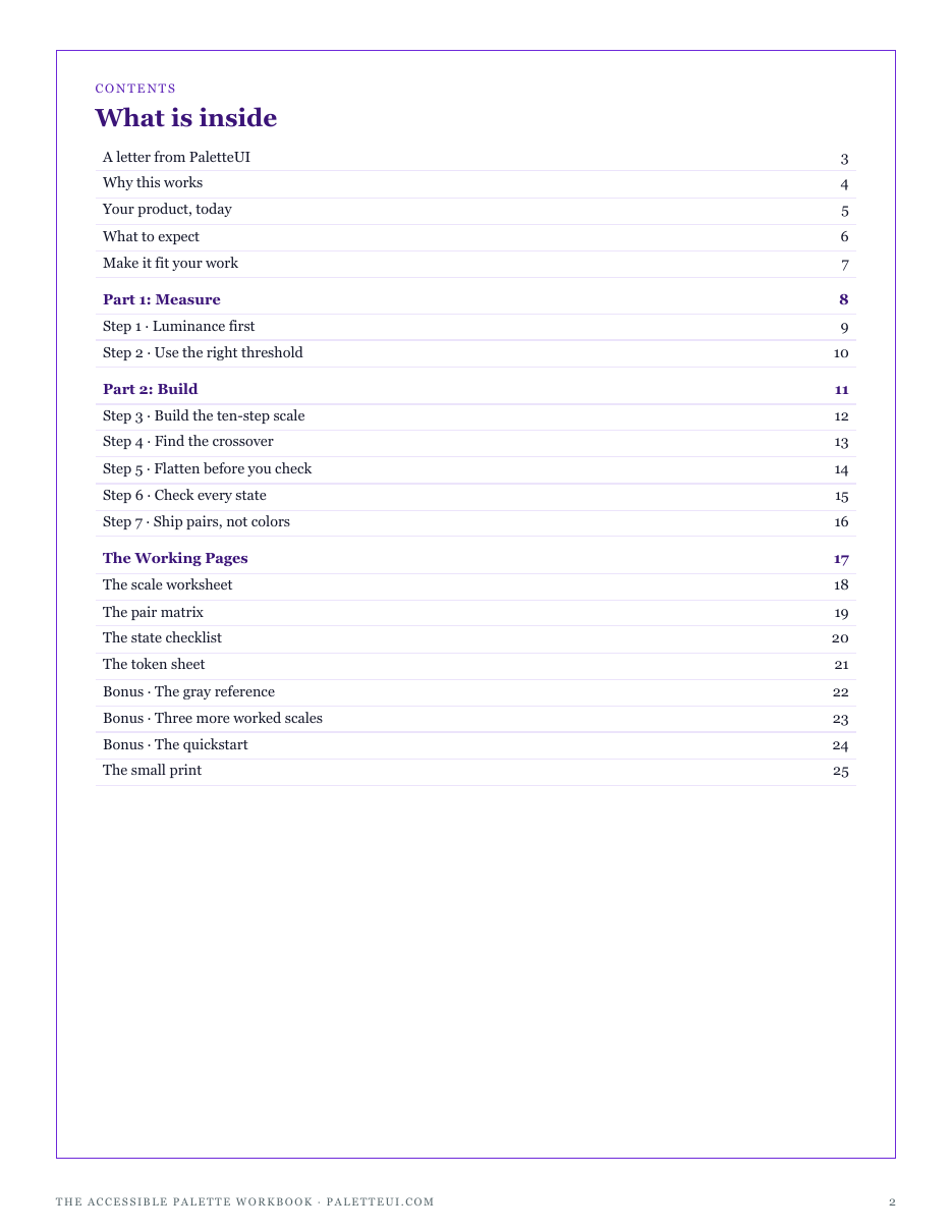 The full contents of The Accessible Palette Workbook: measure, build, and the working pages