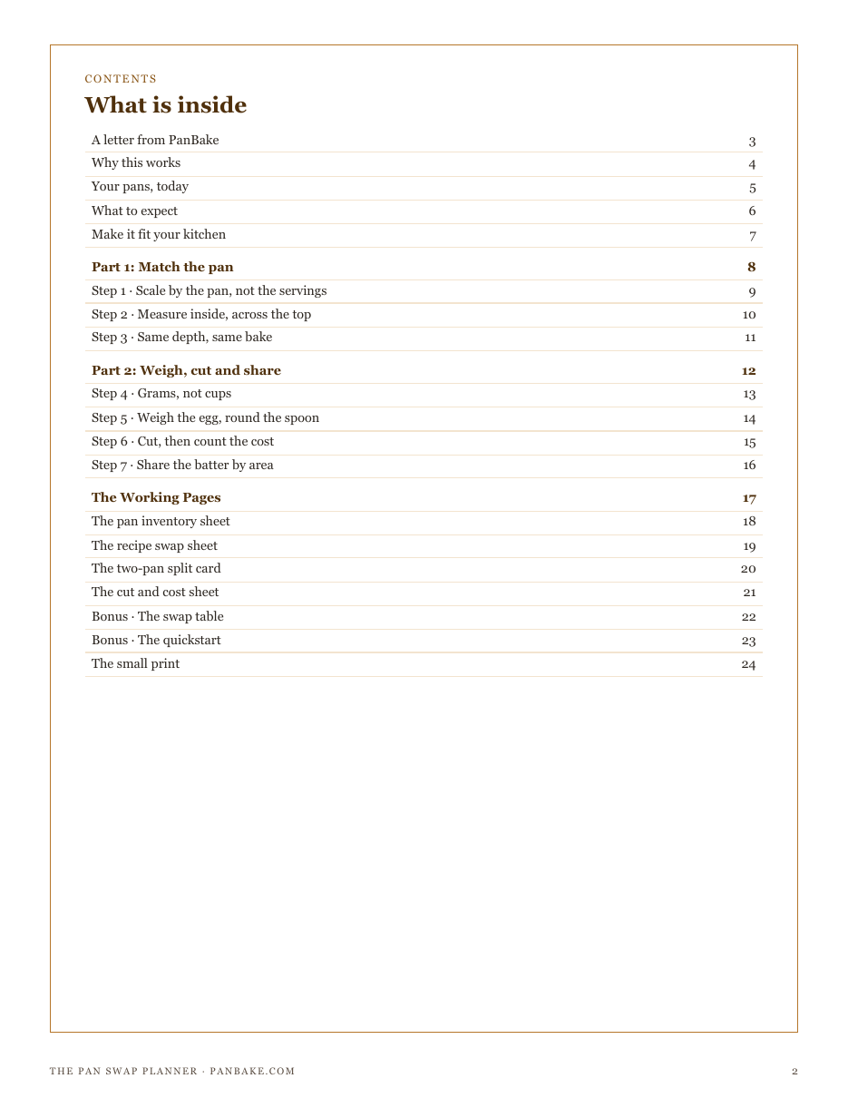 The full contents of The Pan Swap Planner: match the pan, weigh and cut, and the working pages