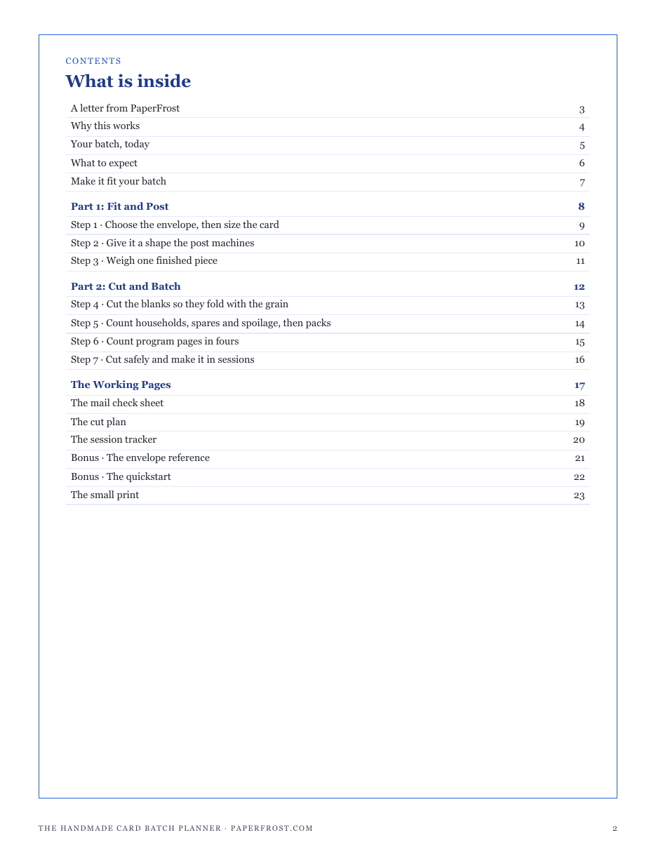 The full contents of The Handmade Card Batch Planner: fit and post, cut and batch, and the working pages