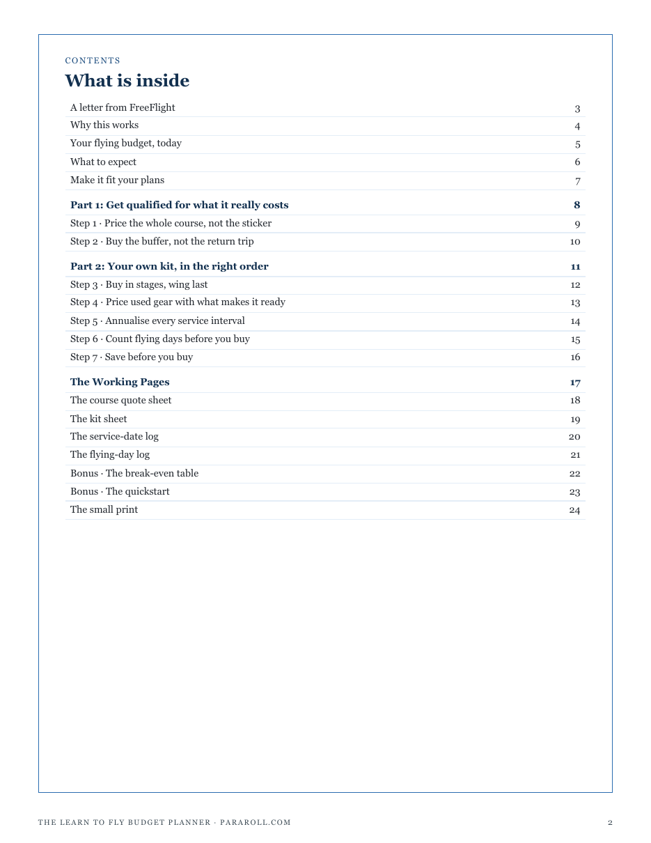 The full contents of The Learn to Fly Budget Planner: get qualified for what it really costs, your own kit in the right order, and the working pages