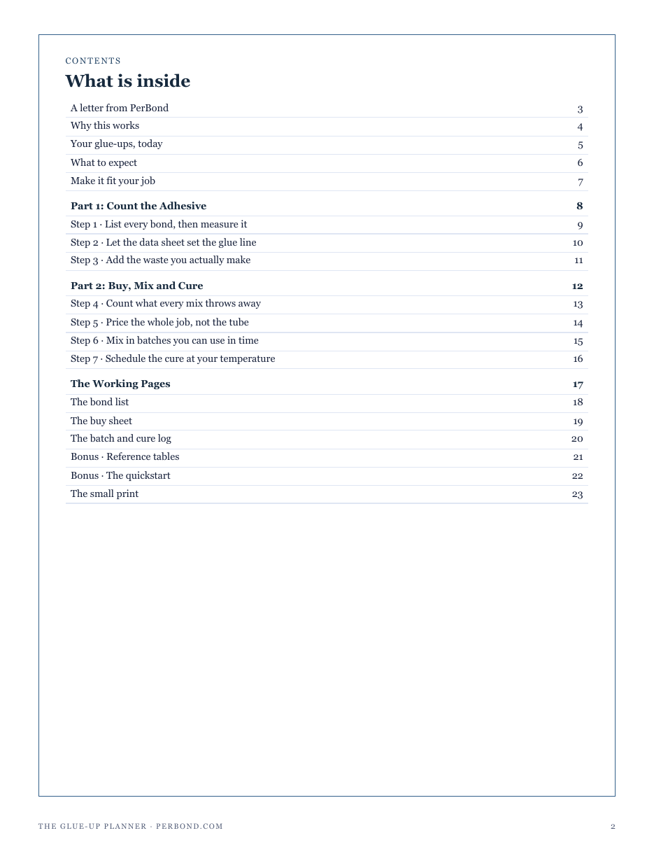 The full contents of The Glue-Up Planner: count the adhesive, buy, mix and cure, and the working pages