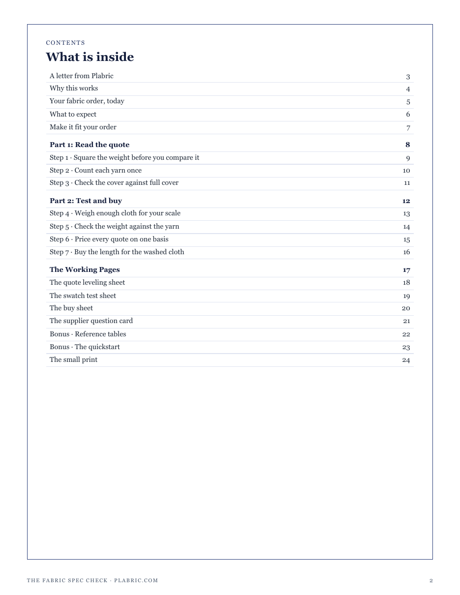 The full contents of The Fabric Spec Check: read the quote, test and buy, and the working pages
