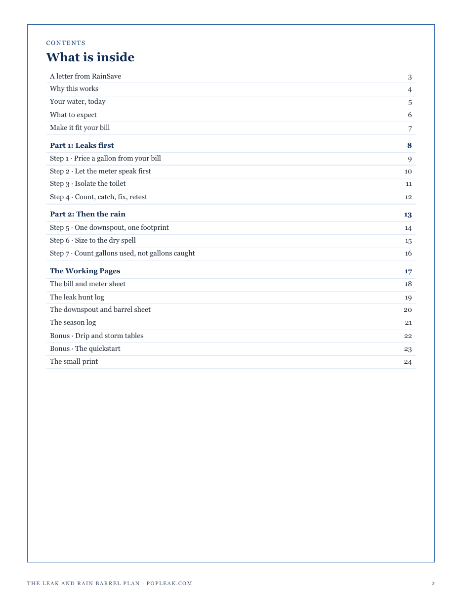 The full contents of The Leak and Rain Barrel Plan: leaks first, then the rain, and the working pages