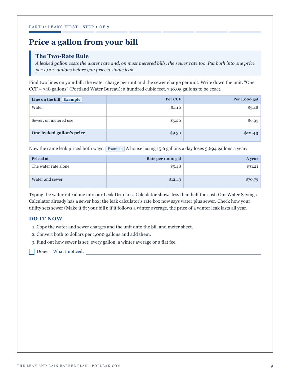 Step 1, The Two-Rate Rule: water and sewer charges per CCF turned into one price per 1,000 gallons