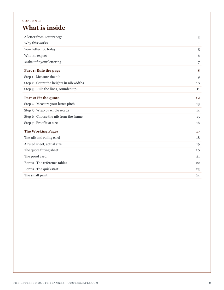 The full contents of The Lettered Quote Planner: rule the page, fit the quote, and the working pages