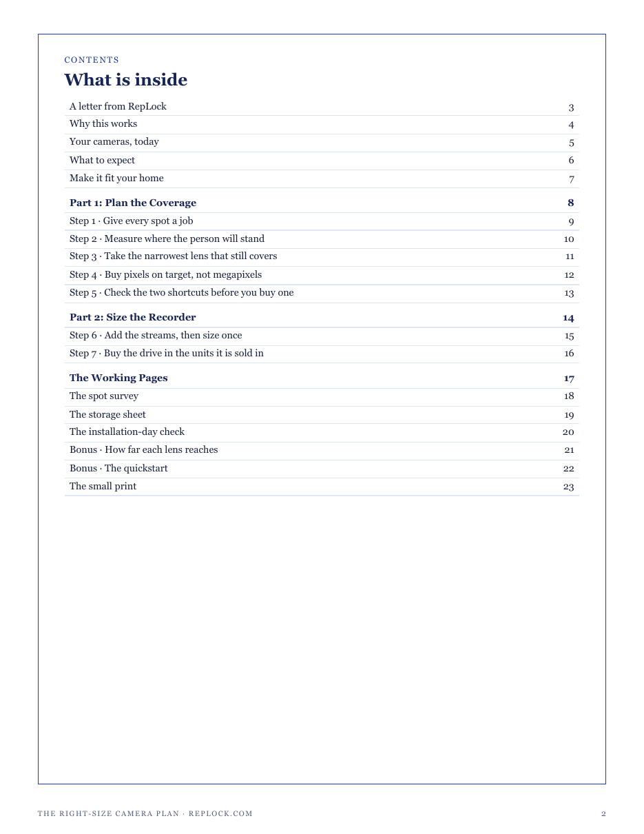 The full contents of The Right-Size Camera Plan: plan the coverage, size the recorder, and the working pages