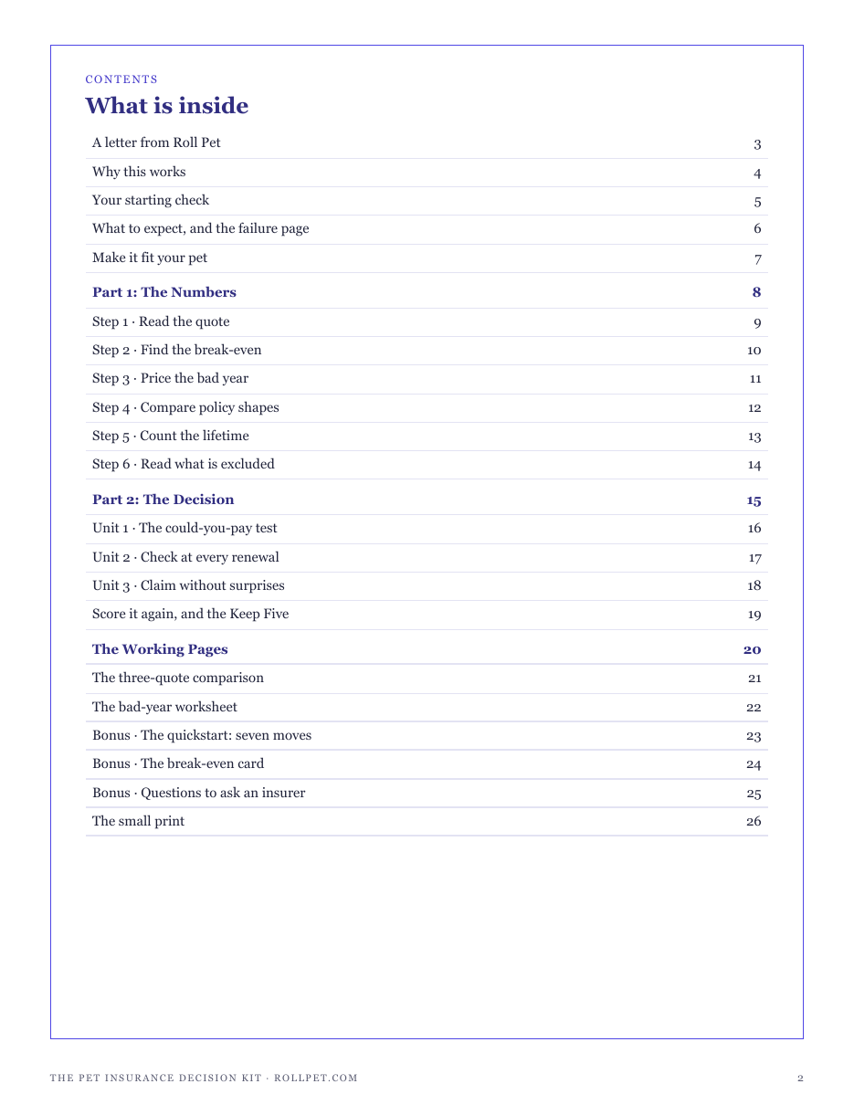 The full contents of The Pet Insurance Decision Kit: the numbers, the decision, the working pages and three bonuses