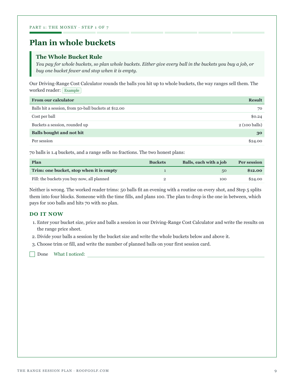 Step 1, The Whole Bucket Rule: the range cost calculator on a worked example, and the choice to trim to one bucket or fill two