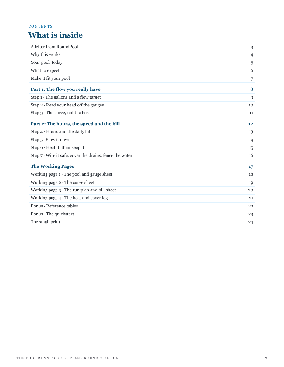 The full contents of The Pool Running Cost Plan: the flow you really have, the hours, the speed and the bill, and the working pages